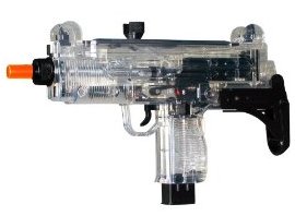 Photo of an airsoft electric mini uzi clear color see though gun which is a submachine gun replica army gun