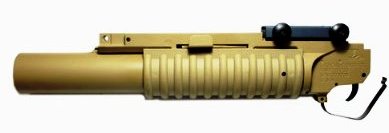 Photo of airsoft grenade launcher made in desert storm fashion, made by classic army. This one is long, yet tan in color.