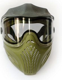 Photo of an Airsoft Mask, green in color, plastic shield to protect eyes from danger