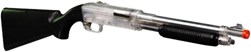 Picture of an Air soft shotgun model called crossman Remington Wingmaster. Clear and see through with silver metal barrel and black spring pump.