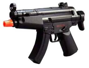 picture of black electric mini mp5 airsoft gun with orange tip