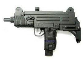 Photo of an airsoft electric uzi sub machine gun electric aeg all black, referred to the gangsta drive by gun.