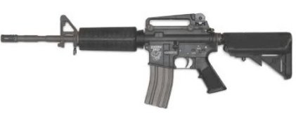 Photo picture of an Airsoft m4 called Systema Training Weapon M4A1 M4 A1, all black in color, with orange tip at the end of the barrel or muzzle