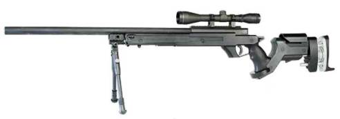 Photo of an Airsoft Mauser Pro Tactical Sniper Rifle, all black in color with bipod